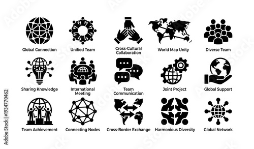 Icons depicting global collaboration and diverse teamwork concepts