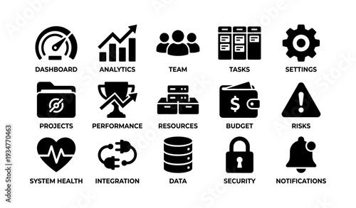 Business management icons: dashboard, analytics, team, tasks, settings