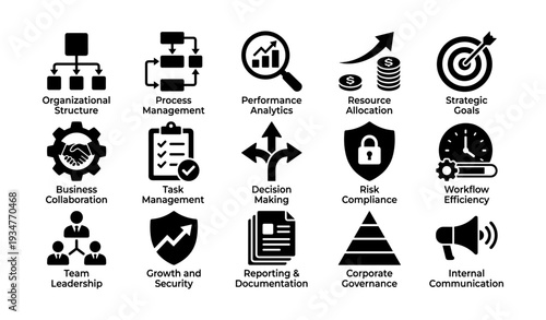 Business strategy icons: management, analytics, planning, compliance, governance