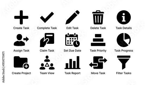 Task management icons: create, edit, delete, prioritize, filter