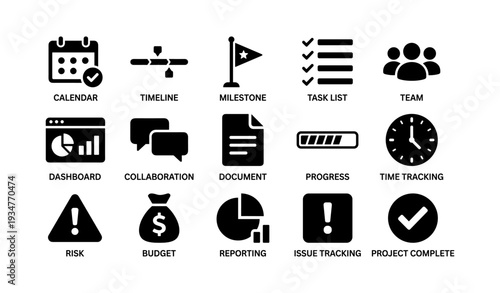 Business icons for project management: calendar, timeline, milestone, task list, team