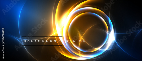 Abstract design features glowing circles, vibrant blue, orange hues. Dark background enhances luminosity, creating dynamic visual effect.