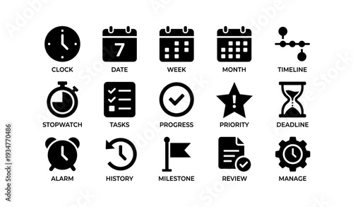 Vector icons of time management and planning tools