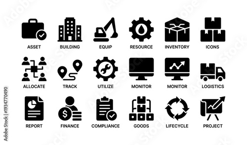 Business management icons: asset, building, equipment, and logistics symbols