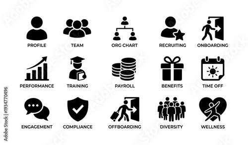 Business icons set: recruiting, training, diversity, payroll, wellness