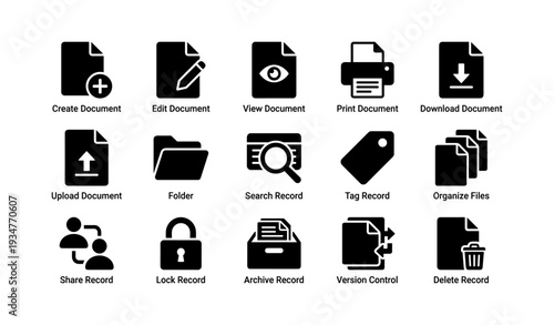 Document management icons set: create, edit, view, print, download, upload, search, organize