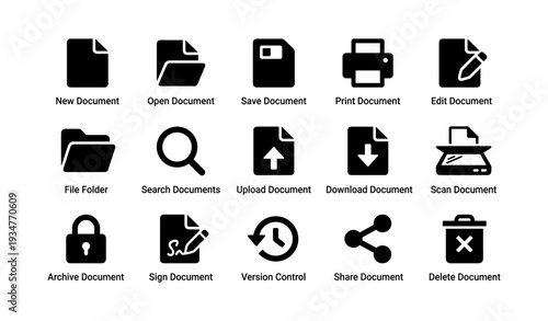 Document and file management icons: new, open, save, print, edit, upload, download