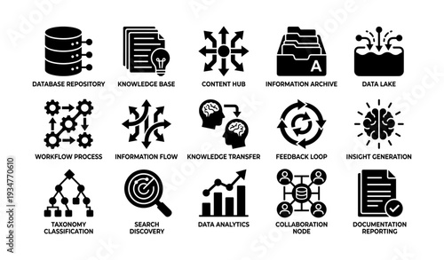 Data management icons: workflow, analytics, knowledge, content, insight