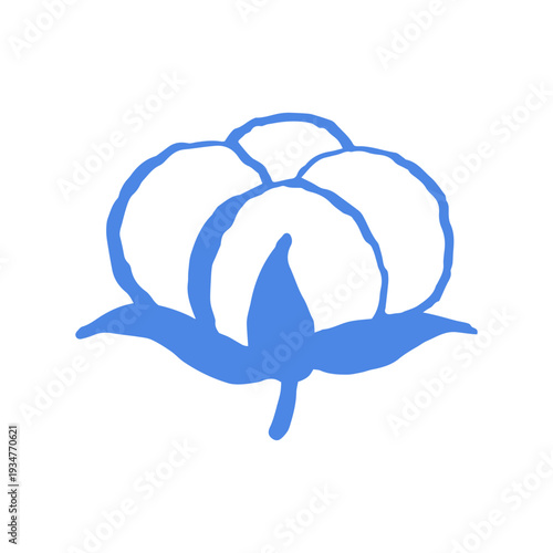 Cotton flower simple icon. Ink blue hand drawn line illustration on white background.