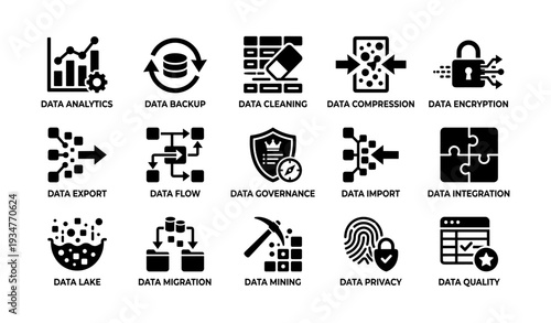 Data management icons: analytics, backup, cleaning, compression, encryption
