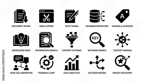 Information management icons: document intake, database, search, analytics, collaboration