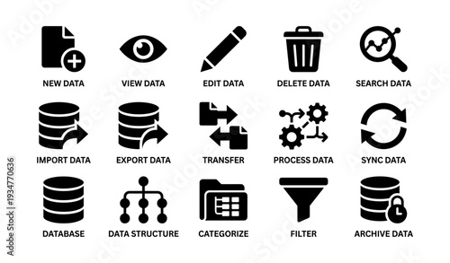 Data management icons: import, edit, delete, sync, export, database, structure