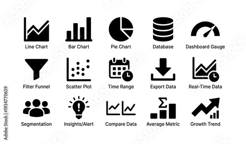 Data visualization icons: charts, database, dashboard, metrics, trends