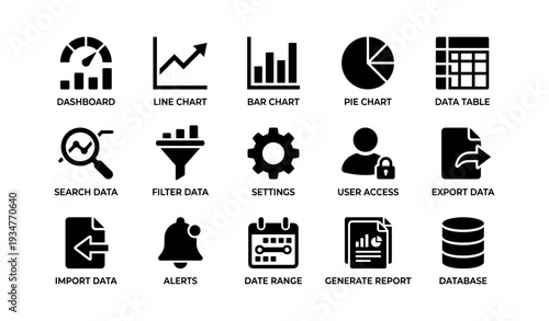 Data visualization icons: charts, settings, user access, reports, filters