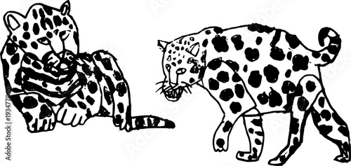 Authentic child's drawing of two jaguars.Cute spotted leopards drawn by a kid.