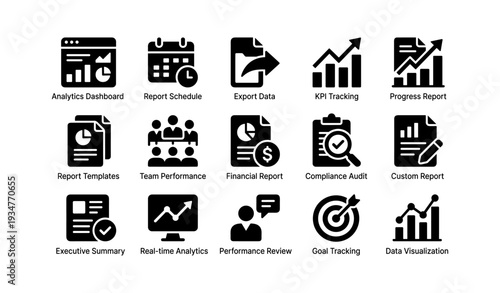Set of icons for business analytics and reporting tools