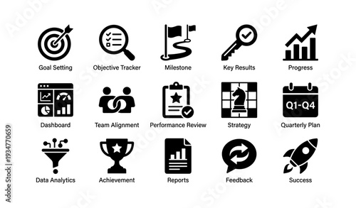 Business management icons for goal setting, strategy, progress, analysis, and success