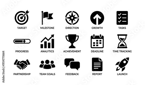Business icons collection: target, milestone, direction, growth, and tasks symbols
