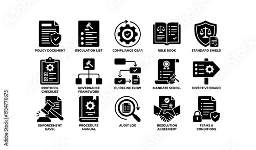 Compliance and governance icons collection: policy, regulation, protocol, and more