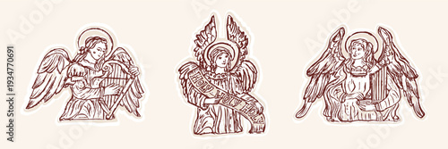 Holy celestial choir of angels hand drawn illustration set. Flat isolated contour line art angelic drawing. Musical biblical guardian angel design. Christian religious bible journaling sticker bundle