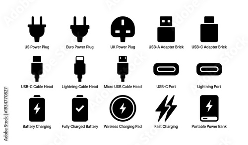 Various power plugs and charging accessories icons