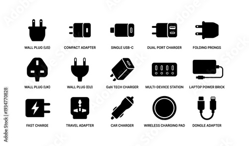 Variety of charging accessories and plugs for different devices and regions