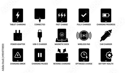 Tablet charging icons: power adapter, fast charge, wireless pad, error, battery health