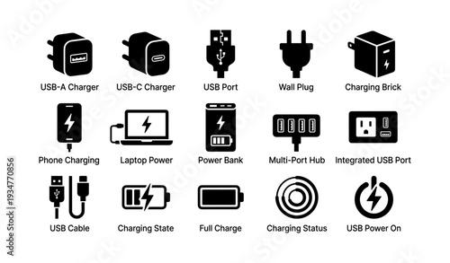 Assorted charging and power connection icons for usb and electronic devices