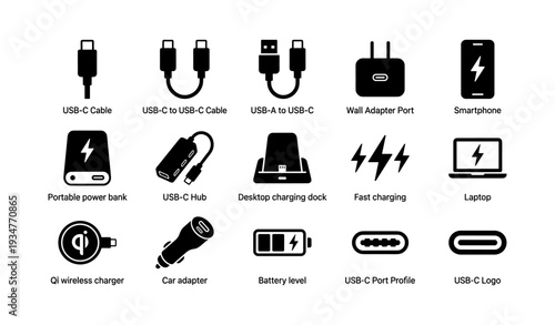 Usb-c and charging accessories collection with various electronic devices and adapters
