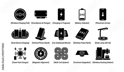 Icons of wireless charging devices and accessories in black silhouette