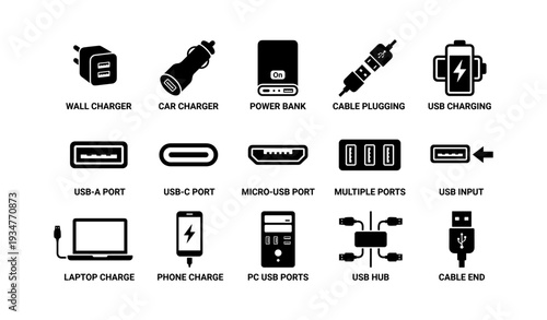 Essential charging devices icons: wall, car chargers, power bank, usb ports