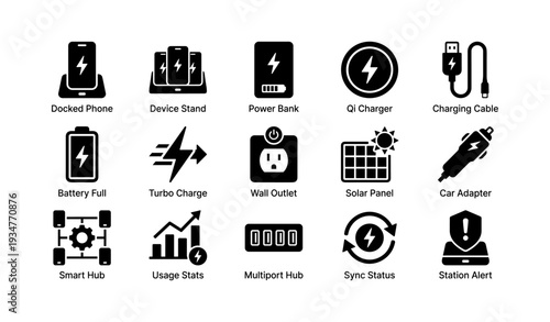 Set of technology icons featuring chargers, adapters, and power sources