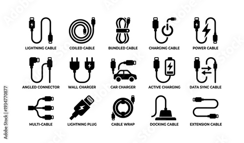 Various types of cables and connectors icons for charging and data sync