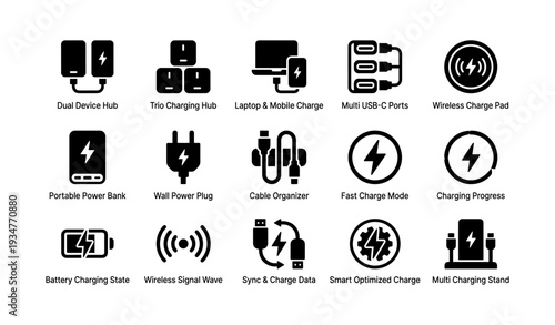 Device charging icons: hubs, chargers, cables, and power solutions