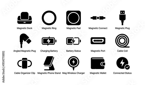 Set of 16 magnetic charging icons for tech accessories and devices