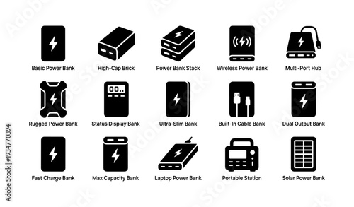 Collection of diverse portable power banks and charging solutions icons