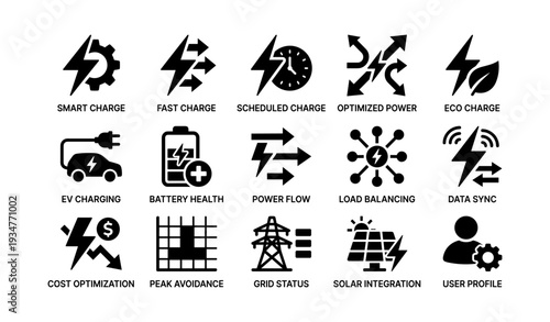 Electric vehicle icon set: charging, optimization, solar integration, grid status