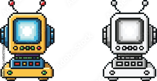 Two pixel art robots, one in vibrant colors and one in grayscale, featuring retro design with screens, antennas, and buttons, isolated on a white background.