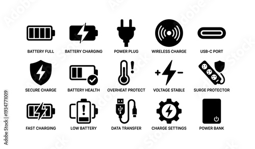 Battery and charger icons: full, charging, power, usb-c, secure, settings