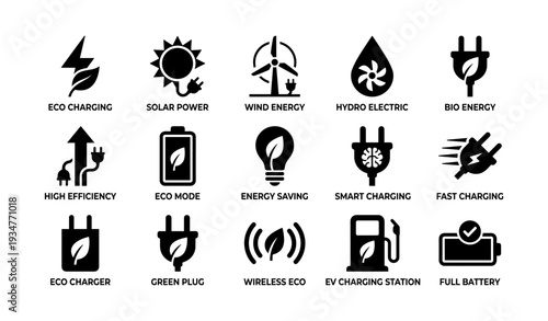 Eco-friendly energy and charging icons for sustainable technology and renewable resources