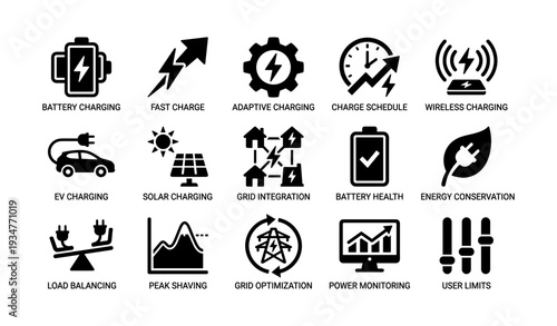 Energy icons set: charging, conservation, and monitoring symbols