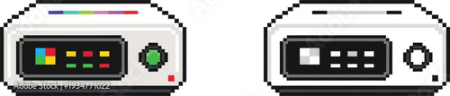 Pixel art illustration of two distinct electronic devices, one with colorful indicators and a green button, the other with monochrome display and a white button.