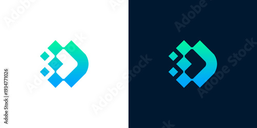 Dynamic abstract letter D logo design with vibrant gradient pixels, symbolizing digital progress, data flow, and innovative technology solutions for modern businesses and startups