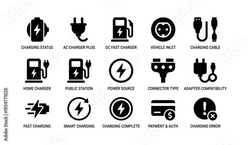 Electric vehicle charging icons: status, plug, fast charger, compatibility, power source, error