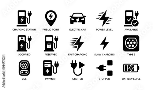 Electric vehicle charging icons: stations, cars, plugs, and battery levels