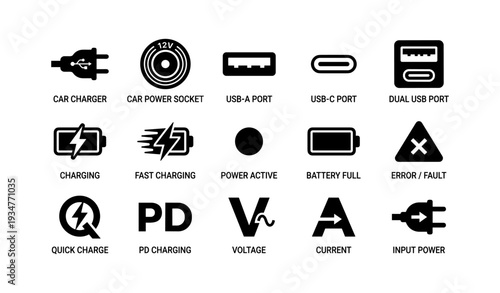 Car charger and power symbols: usb, charging, battery, error icons set