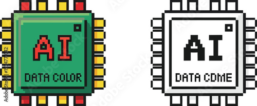 Pixel art style icons depicting artificial intelligence microchips with data text, one in vibrant color and one in monochrome outline.