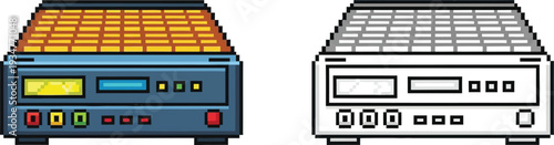 Pixel art illustration of a drum machine or music sampler with a grid of pads, shown in both color and grayscale outline.