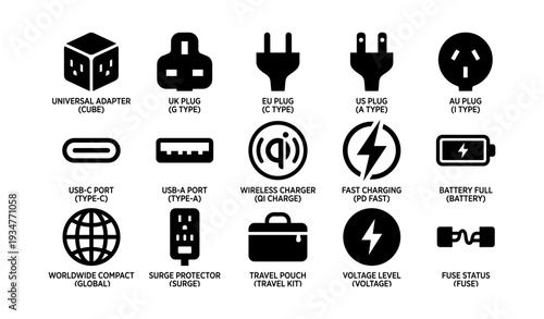 Universal adapter and charging icons collection with various plug types