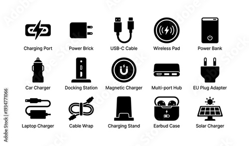Essential electronics accessories: charging port, power brick, usb-c cable, wireless pad, power bank
